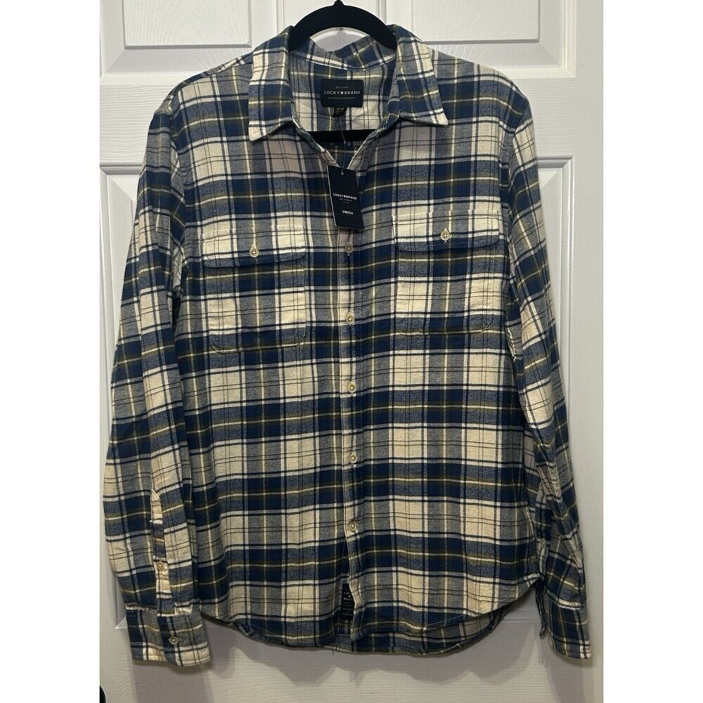 Lucky Brand Men's Flannel Shirt Blue Cream Yellow Plaid Size Medium